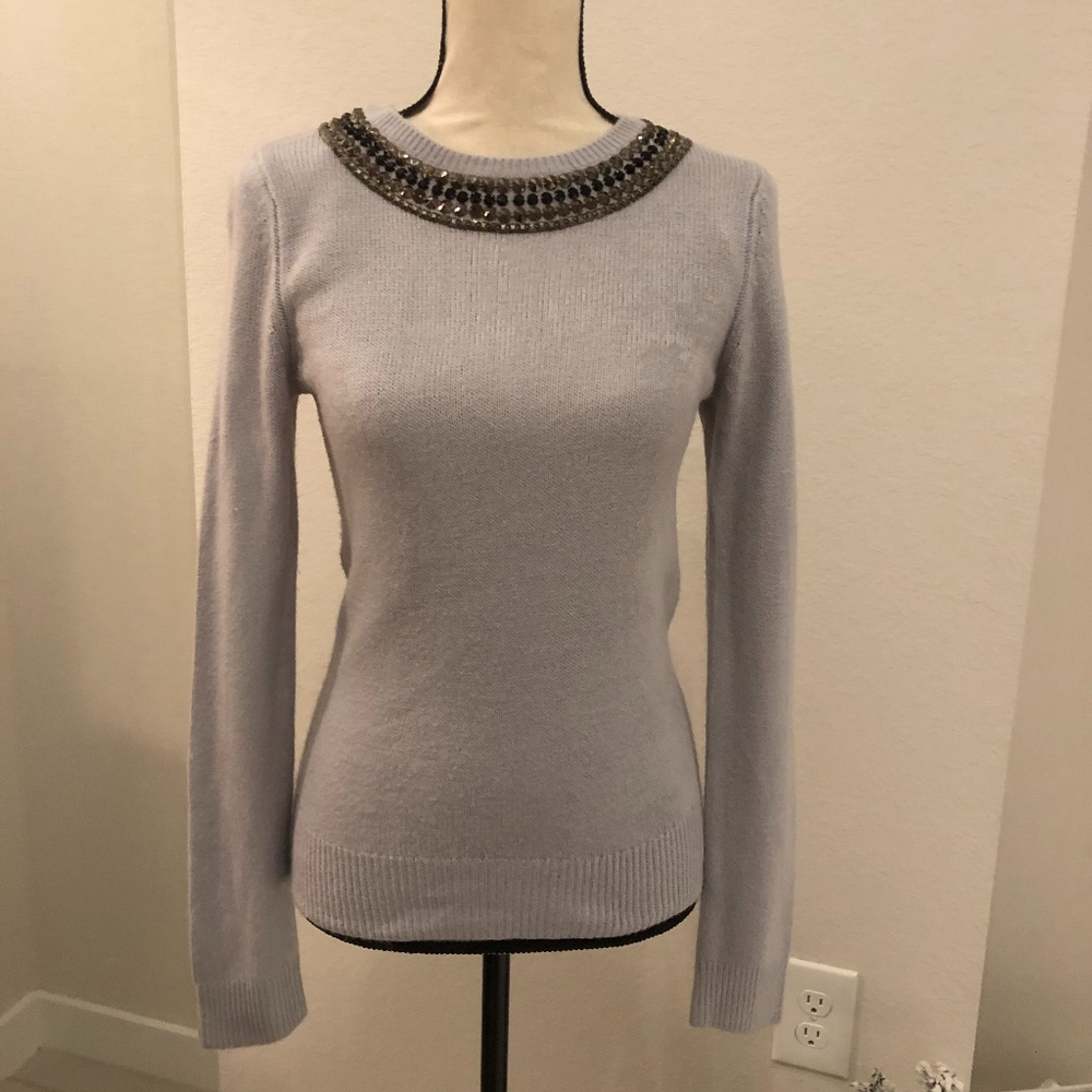 Blue Crew Neck Embellished Sweater